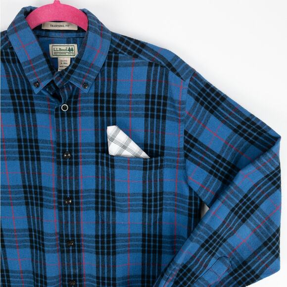 LL Bean Flannel Shirt Men's Small Traditional-Fit Plaid Blue Black Plaid Cotton - Picture 5 of 12